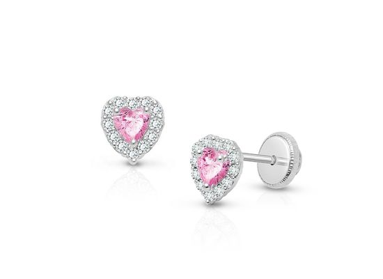 925er Sterlingsilber herzförmige rosa & weiße CZ-Ohrstecker mit Pavé-Fassung für feinen Kinderschmuck