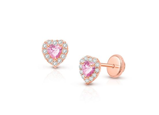 925er Sterlingsilber herzförmige rosa & weiße CZ-Ohrstecker mit Pavé-Fassung für feinen Kinderschmuck