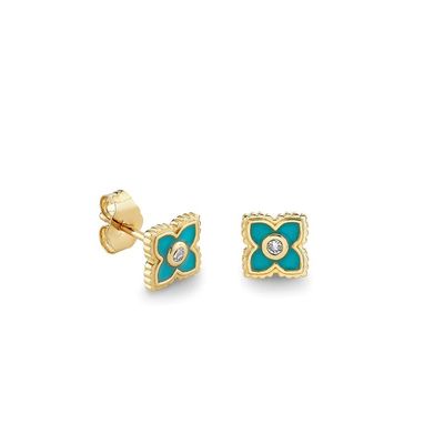 18K vergoldete Turkis-Emaille Mini-Stud-Blütenohrringe in 925 Sterling Silber