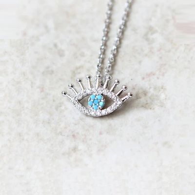 925 Sterling Silber Micro Pave Clear CZ und Turkis Böse Augen Anhänger Halskette Halskette