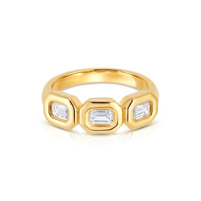 Handgefertigter Silber Triple Smaragd Ring mit AAA Zirkon Stein und 14K Gold Bezel Setting