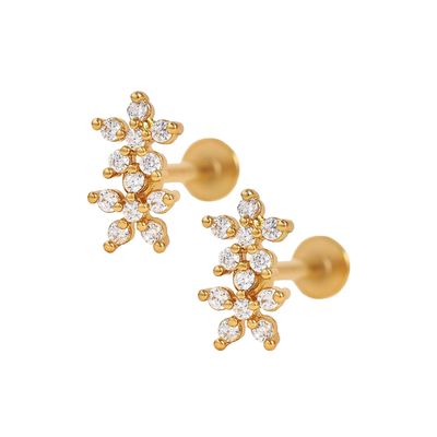 Klassische Art Doppelblumen Ball Rücken Flach Rücken 925 Sterling Silber Ohrringe für Mädchen