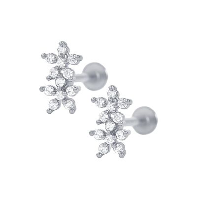 Klassische Art Doppelblumen Ball Rücken Flach Rücken 925 Sterling Silber Ohrringe für Mädchen