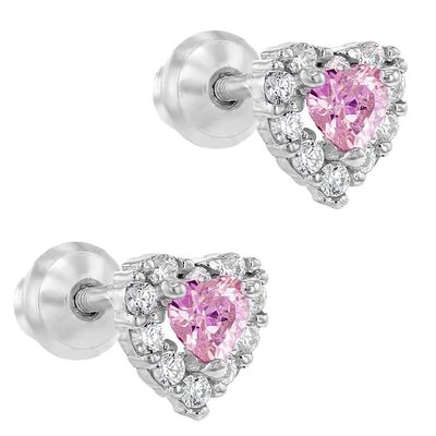 Rose Gold Plated Heart Pink CZ Schraubrücken Stud Ohrringe für Kinder in 925 Sterling Silber