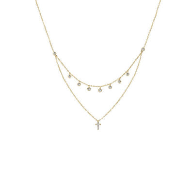 Zwei Schichten Bezel Set Diamant Kreuz Anhänger Rhodium Gold Plattiert Kette Halskette