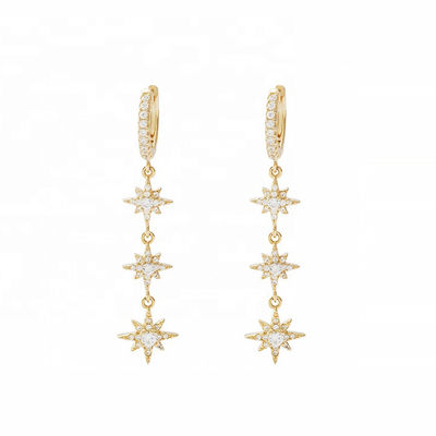 Goldplattierte 925-Silber-Brasilianische Starburst-Lange-Dangle-Hoop-Ohrringe für Frauen
