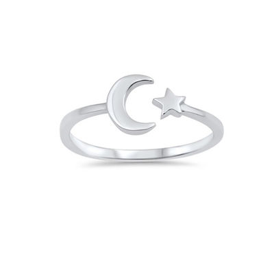 925 Sterling Silber High Polish Einfacher offener Mond-Sternring perfekt für jeden Anlass
