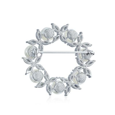 Goldplattierte Blätter Kreis Weiße Perlen Brosche 925 Silber Luxus Broschen für Frauen