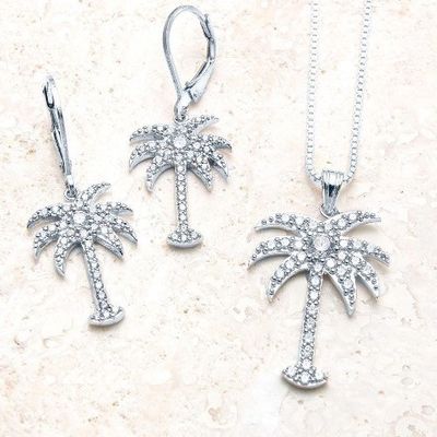 925 Sterling Silber Damen-Drop-Ohrringe mit Palmbaum-Design und Zirkon Weiß CZ Diamant