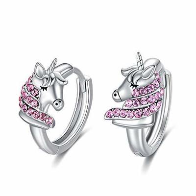 925 Sterling Silber Einhorn Huggie Ohrringe 16mm Pink CZ für Kinder